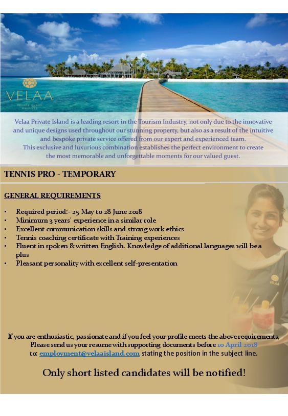 Tennis Pro Jobs In Noonu Atoll Maldives At Velaa Private Island