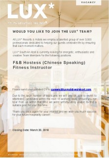F&B Hostess (Chinese Speaking)